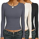 Ekouaer Womens 3 Pack Long Sleeve Shirts Ruched Side Fitted Undershirts Round Neck Underscrubs Thermal Tops XS-XXL