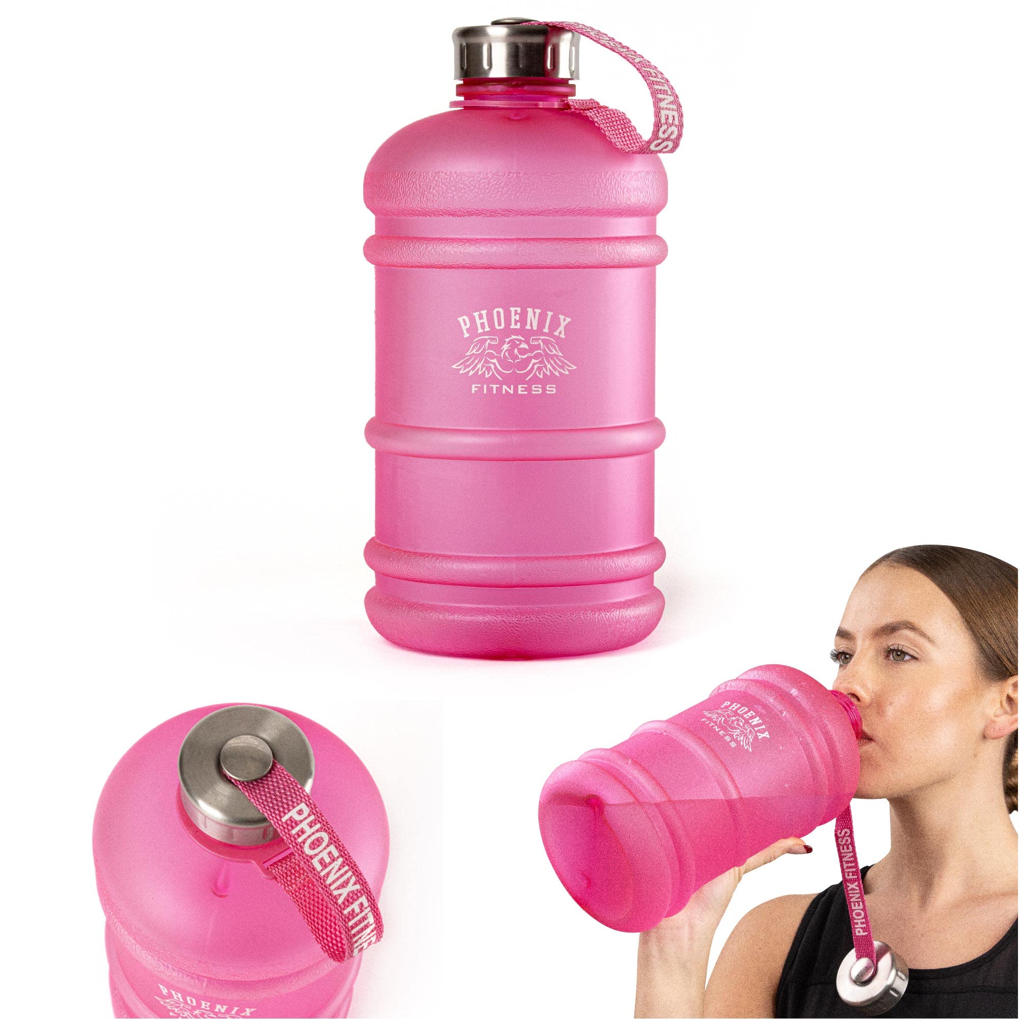 Phoenix Fitness Water Bottle - 2L Drinks Bottle with Leakproof Cap and Carry Strap - Lightweight Bottle for Sports, Gym & Travel - BPA Free & Non Toxic - Pink