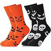 Lonfliness 2 Pairs Women Halloween Novelty Crew Socks Sock Gifts for Girls Men Kids Halloween Funny Fuzzy Pumpkin Bone Spooky Socks Halloween Cozy Socks Kits