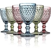 ZOOFOX Set of 6 Vintage Wine Glasses, 10 oz Colored Glass Goblet with Stem, Diamond Design Embossed Glassware for Baby Shower, Wedding, Party, Holiday