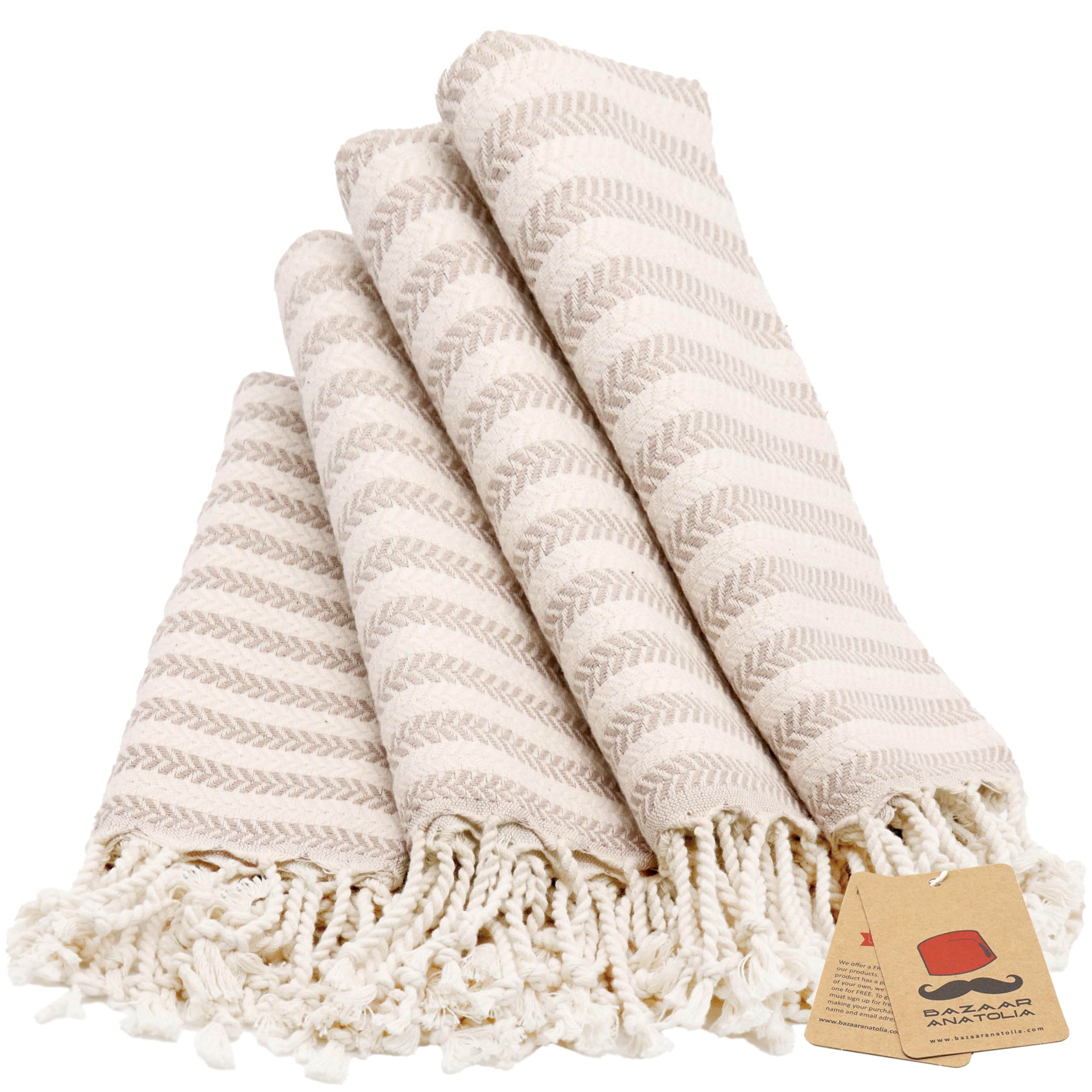 Photo 1 of Bazaar Anatolia Hand Towels - Set of 4 | 39" x 19" - Striped Turkish Hand Towel for Bathroom, 100% Cotton, Kitchen, Face, Hair, Tea, Dishcloth, Guest Towels Cream - Arpa Beige