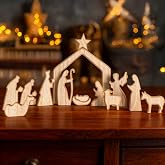 NEROSUN 13Pcs Wooden Christmas Nativity Scene Set | Christmas Decorations, Holy Family Figurines, Minimalism Boho, Table Manger Decor, Christian Indoor Home Mantel Display