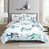 XYNHML Ocean Blue Shark Quilts Bedding Set Queen Size for Boys Girls Adult 3Pcs Shark Starfish Quilt Bed Set All Season Seaweed Bedspreads Coverlet with 1 Quilt and 2 Pillowcases for Room Decor