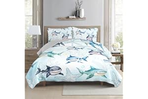 XYNHML Ocean Blue Shark Quilts Bedding Set Twin Size for Boys Girls Adult 3Pcs Shark Starfish Quilt Bed Set All Season Seaweed Bedspreads Coverlet with 1 Quilt and 2 Pillowcases for Room Decor