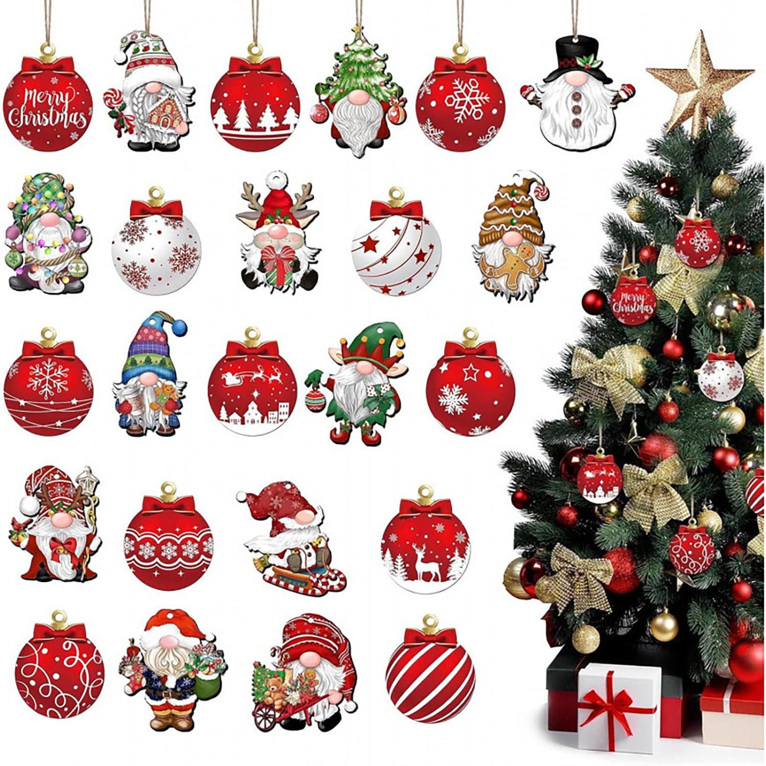 Photo 1 of 24Pcs Christmas Tree Decorations Set Christmas Dwarf Wooden Hanging Ornaments Red Christmas Ball Design Christmas Ornaments for Tree Winter Home Decoration Holiday Party DIY Crafts