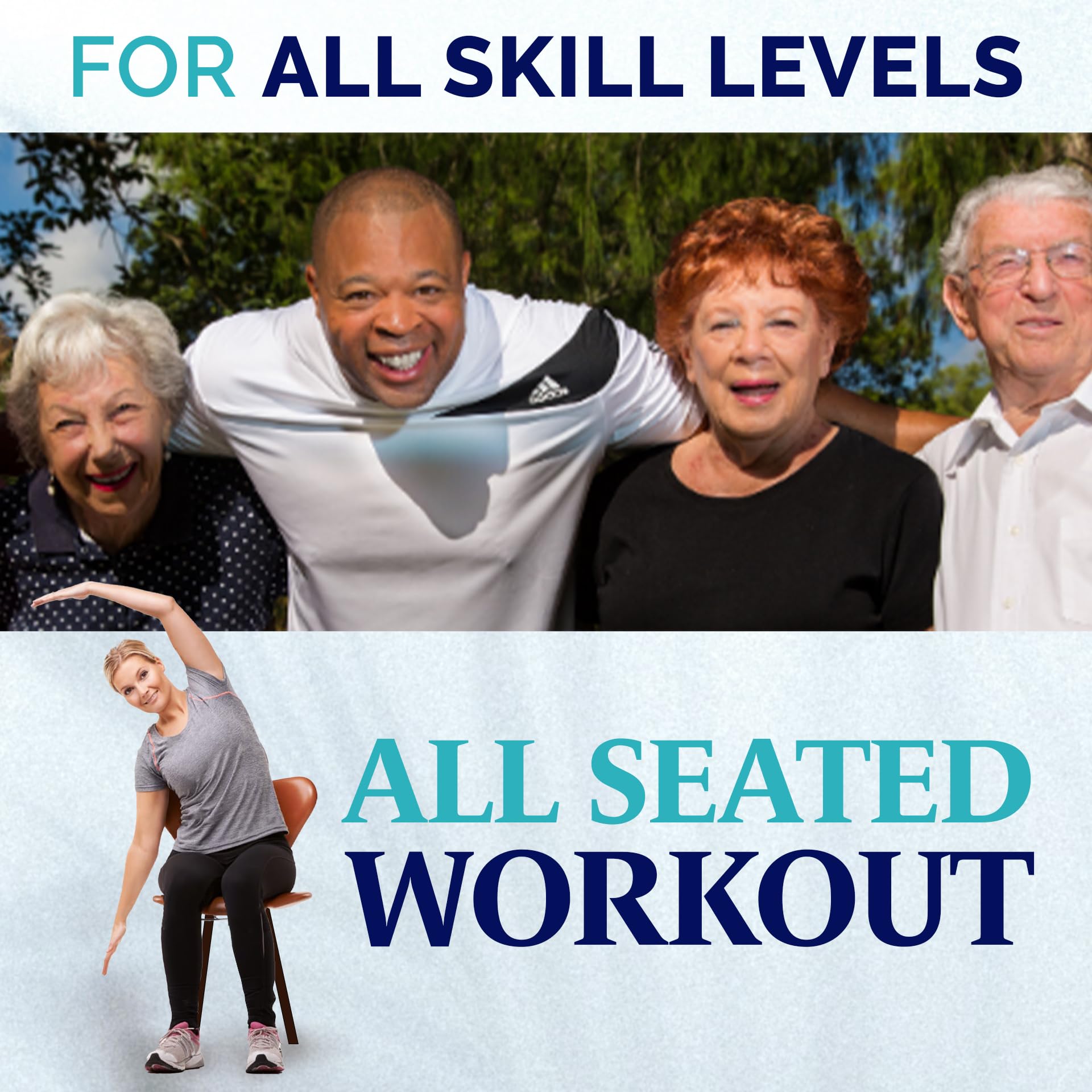 Chair Exercises for Seniors DVD + Band. Fun seated exercise videos. Chair workouts for seniors DVD. Chair aerobics for seniors DVD. Resistance bands DVD workout Videos for women, men, beginners.