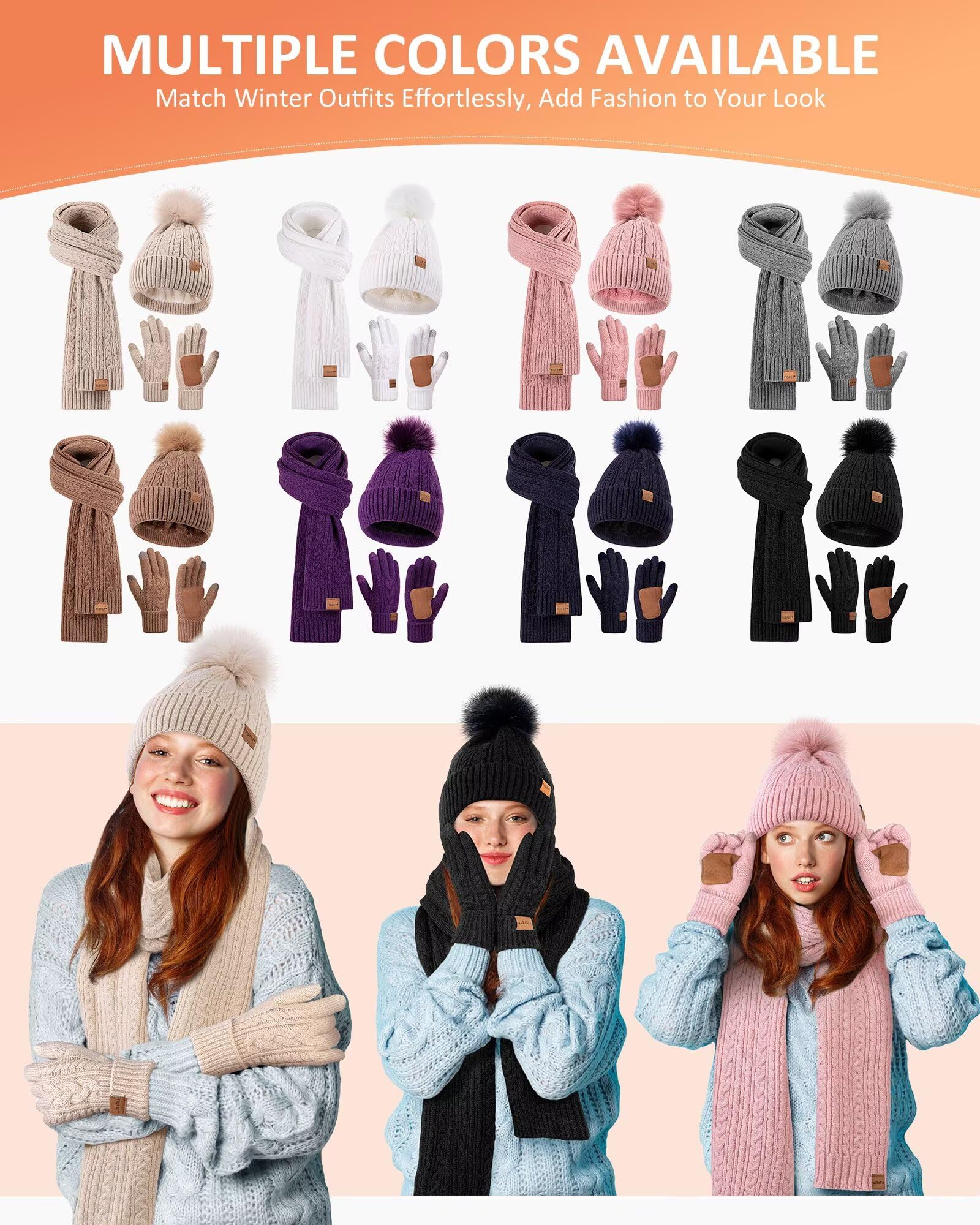 FISFET Winter Beanie Hat Scarf Gloves Set for Women, Pom Pom Beanie Fleece Lined Knit Neck Warmer Touchscreen Gloves 3 in 1 Gift Set