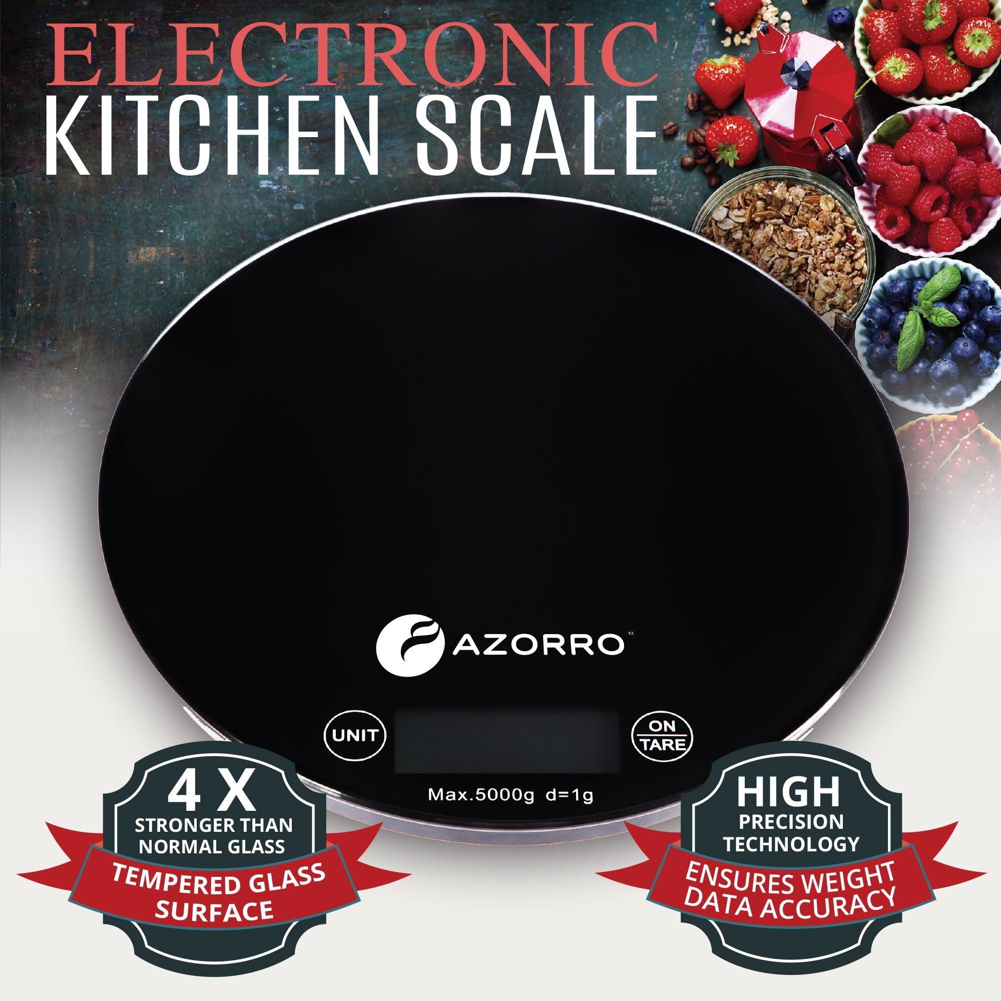Kitchen Digital Food Scale By Azorro - Premium Electronic High Accuracy 11lb/5kg Perfect for Weighing & Portion Control All Liquid & Dry Ingredients - Very Strong Tempered Glass - Large LCD Display