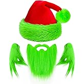 Bnikion Christmas Santa Hat Red with Beard Green Furry Hand Gloves for Adult Halloween Christmas Cosplay Green Monster Costume Accessories
