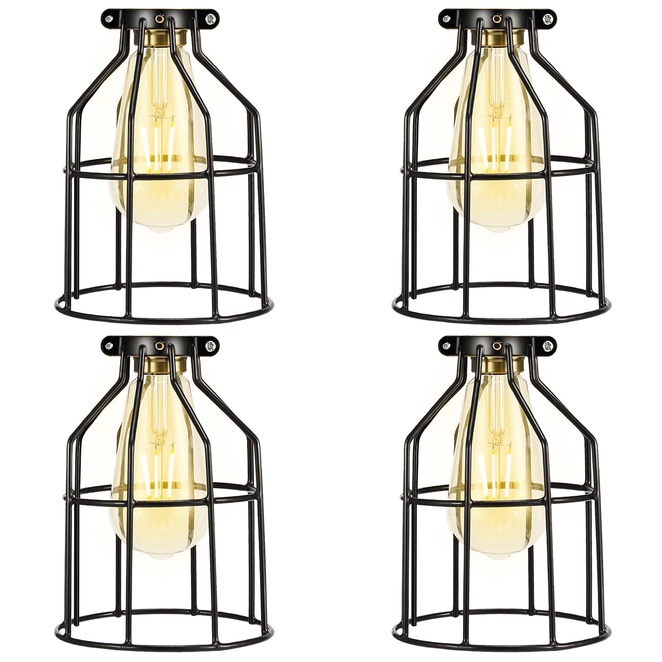 Simple Deluxe 4-Pack Adjustable Industrial Clamp on Metal Bulb Guard Cage for Pendant, Farmhouse Light Fixture, Vintage Lamp Shades and Hanging Lamp, Black