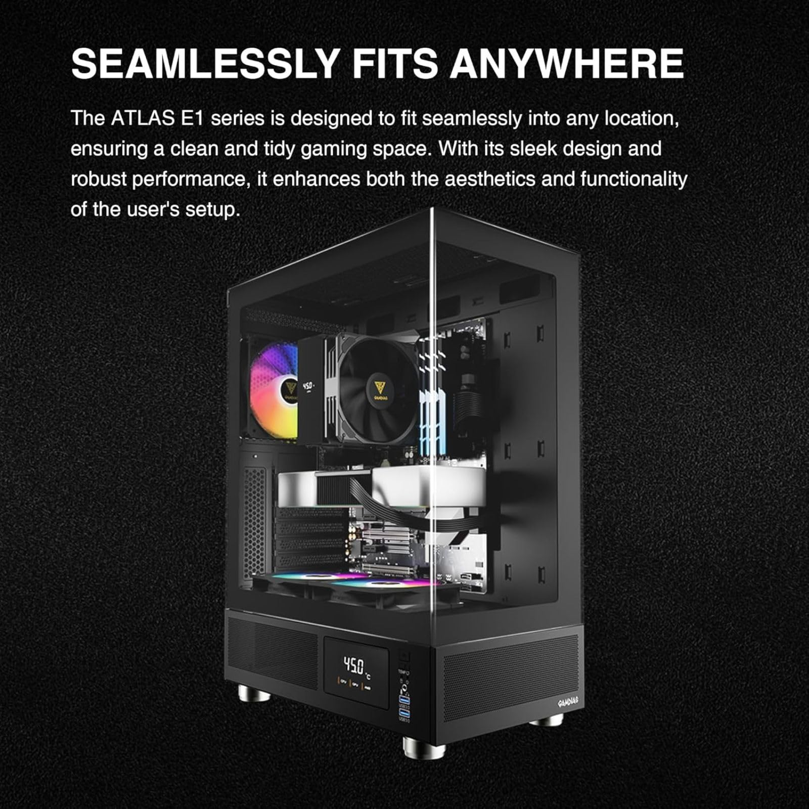GAMDIAS ATX Mid Tower Computer Case with Tempered Glass, Gaming PC Case w/Temperature Display LCD & 3X 120mm ARGB Fans, Support Up to 5X Fans, 240mm AIO/Radiator, 340mm GPU/VGA, 160mm CPU Air Cooler