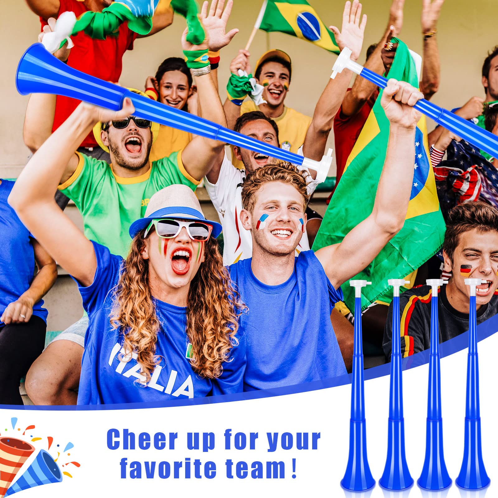 Sosation 4 Pieces Collapsible Stadium Horn 24 Inch Vuvuzela Plastic Trumpet Horn Blow Noisemakers for Sporting Events Football Games School Sports Party Supplies Favors Accessories(Blue)