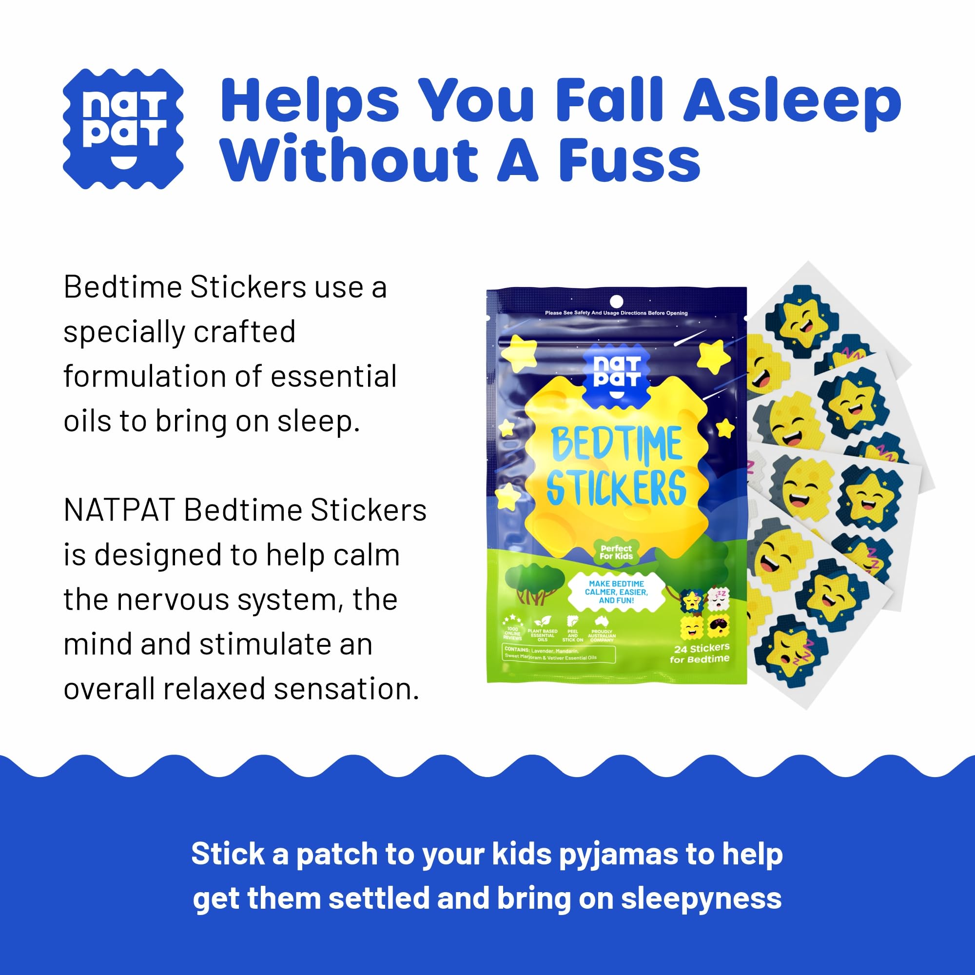 NATPAT Sleepy Patch Bed Time Stickers for Kids - Sleep Promoting Patch - Non-Toxic Solution for Better Sleep - Chemical & Drug Free, Melatonin Free - Buzz Patch Natural Patch (24 Pack)