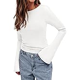 BTFBM Long Sleeve Shirts for Women 2026 Spring Y2K Clothes Casual Boat Neck Bell Sleeve Fitted Fall Going Out Tops