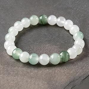 Women Natural Golden Silk Jade Beaded Stretch Bracelet, Ice White Floating Green Vein Healing Crystal Bracelets, Minimalist F