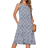 Seta T Women's Summer Dresses Beach Casual Sleeveless Sundress Crewneck Print Loose Midi Tank Dress with Pockets