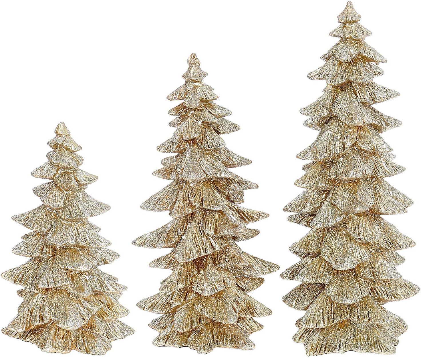 Trees - Raz Set of 3 Champagne Gold Glittered Christmas Trees- 6.5 inches to 9.5 inches Tall