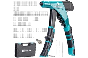 LIBRATON Professional Heavy Duty Rivet Gun, One-Handed Pop Rivet Gun Set, Robust Riveter with Shaft Container, Manual Riveting Tool, Tool-Free Interchangeable Heads, for Metal, Wood and Plastic