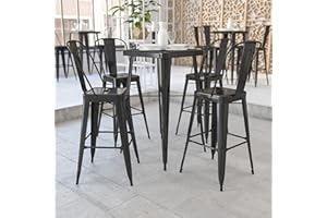 EMMA + OLIVER Commercial Grade 23.75SQ Black Metal Indoor-Outdoor Bar Table Set-2 Stools-Backs