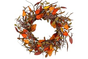 KORSMV Artificial Fall Wreath Autumn Door Wreath with Cape Gooseberry,Eucalyptus Leaf,Magnolia Leaf,Grain Ear,Bitter Sweet Berry for Front Door Indoor Outdoor Farmhouse Home Wall Window Festival Decor