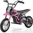 ELEMARA Electric Motorcycle for Kids, Dirt Bike Electric with Music & Bluetooth,350W Chain-Driven Motor,15.5 mph & 150lb Max,Twist-Grip Throttle & Hand-Operated Rear Brake,12" Air-Filled Tires-Pink