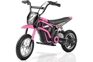 ELEMARA Electric Motorcycle for Kids, Dirt Bike Electric with Music & Bluetooth,350W Chain-Driven Motor,15.5 mph & 150lb Max,Twist-Grip Throttle & Hand-Operated Rear Brake,12" Air-Filled Tires-Pink