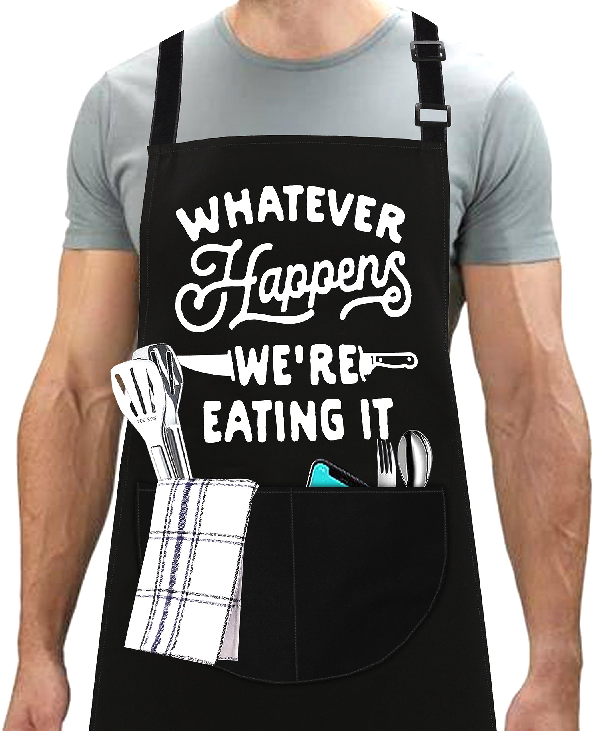 LINEN CLOSET® Bbq Apron for Men Funny Aprons Grilling Novelty Barbecue Aprons Kitchen Cooking Gift Apron with 2 Front Pockets-Whatever Happens