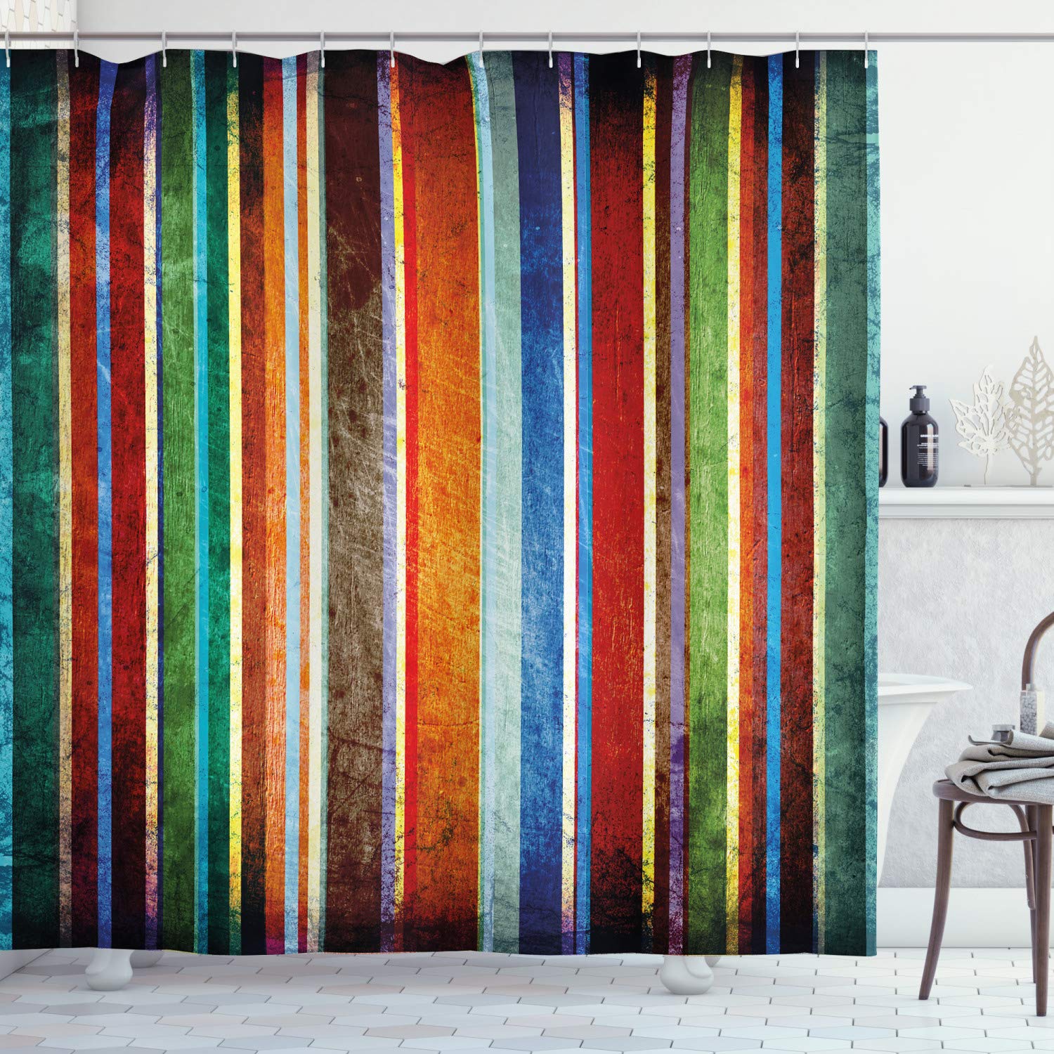 ABAKUHAUS Stripes Shower Curtain, Vertical Lines Colorful Retro Bands Damage Effects Old Fashion Weathered Display, Cloth Fabric Bathroom Decor Set with Hooks, 86 Inches Extra Long, Multicolor