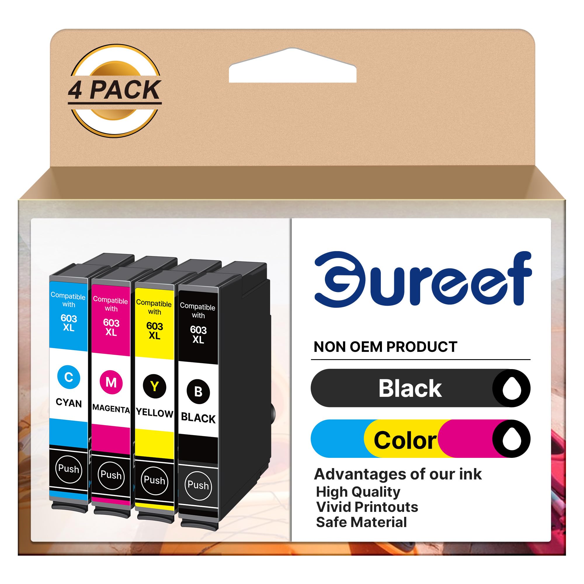 Gureef Compatible with Epson 603 XL for Expression Home XP-3100 XP-4100 XP-2100 XP-2105 XP-3105 Workforce WF-2810 WF-2830 WF-2835 WF-2850 Printer (B/C/M/Y, 4-Pack)