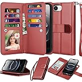 NJJEX Case Compatible for iPhone 16E 2025, for iPhone 16E Wallet Case, [9 Card Slots] PU Leather Card Holder Folio Flip [Detachable] Kickstand Magnetic Phone Cover & Lanyard [Wine Red]