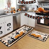 flippana Halloween Kitchen Rugs and Mats for Floor, 2 Pcs Non-Slip Backing Pumpkin Mat, Halloween Decor Holiday Kitchen Rug Sets with Runner (17