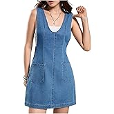 OYOANGLE Women's Sleeveless Denim Overall Dress V Neck Backless Strap Short Pinafore Jean Dress with Pockets