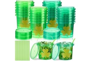 Funnymoom 24 Pack 32oz St Patrick's Day Buckets with Lids and Straws Plastic Shamrock Cocktail Rum Buckets for Drink and Ice 