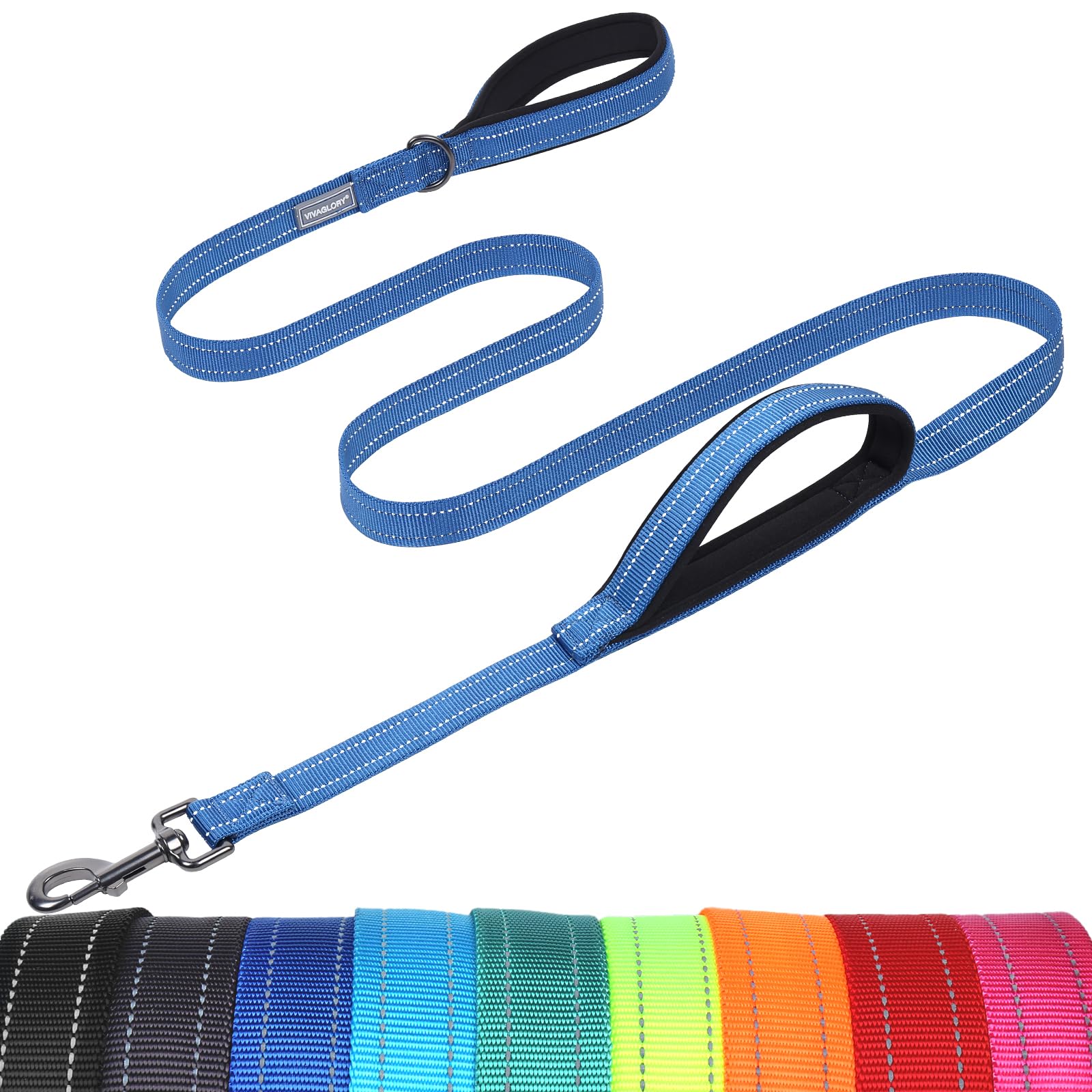 VIVAGLORY Dog Lead Twingrip Double Handle Dog Lead, Leash with Traffic Handle & 2 Loop for Walking & Training, Traffic Control Reflective Heavy Duty for Puppy Pet, 1.5m x 2.5cm, Blue