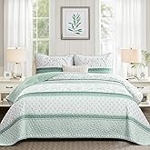 Quilt Set Queen Size, Green Striped Quilt Queen Boho Patchwork Leaves Printed Bedspread Coverlet Set with 2 Pillowcases, 3 Piece Soft Lightweight Microfiber Quilt Bedding Set for All Season (96"x90")