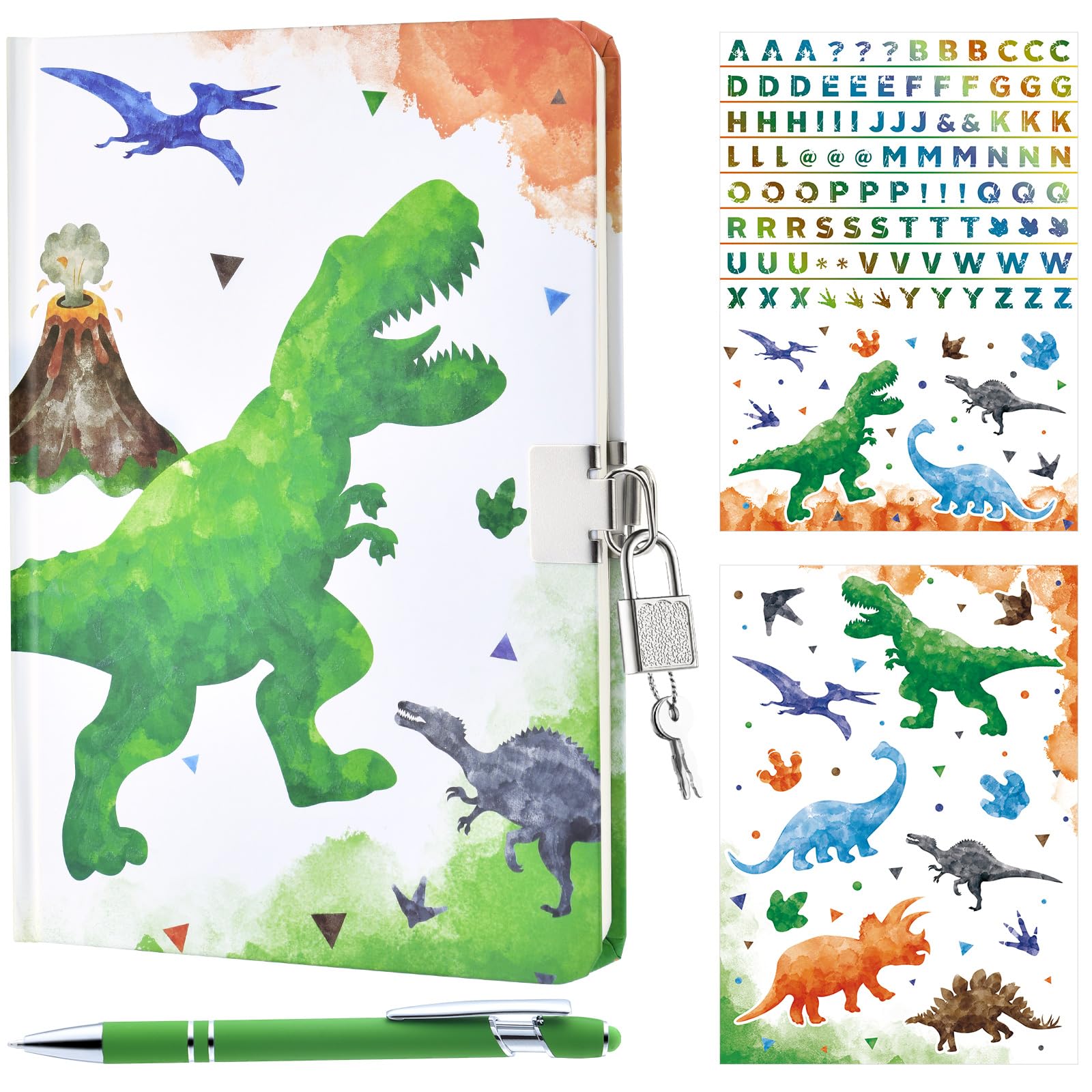 WERNNSAI Watercolor Dinosaur Journal Set - Luminous Notebook Gift for Boys Kids School Travel Private Diary Hardcover A5 Lined Memos Writing Drawing Notepad Ballpoint Pen Stickers with Lock and Keys