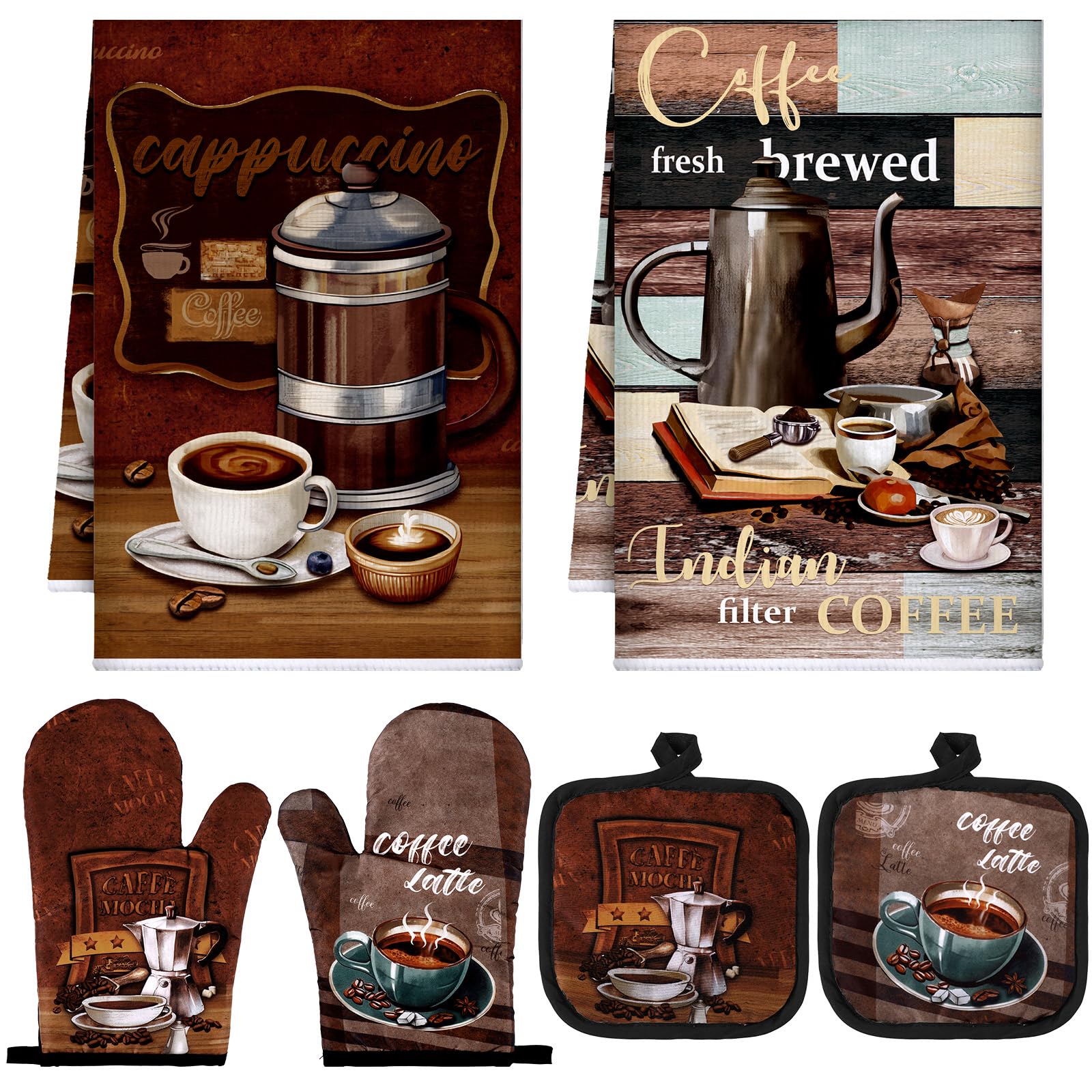 Photo 1 of Jingmore 6 Pcs Farmhouse Kitchen Decor Set 2 Kitchen Dish Towels 2 Rustic Pot Holders 1 Pair Vintage Cooking Mittens Oven Gloves for Baking Cooking Grilling Supply(Dark Brown Color)