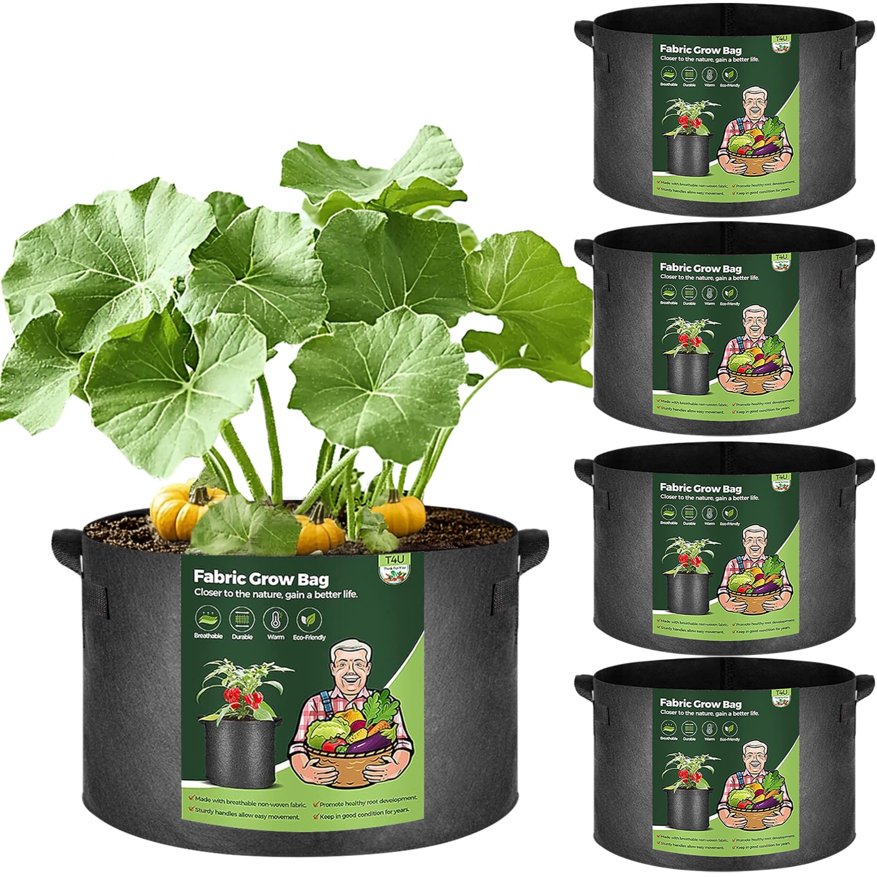 T4U 20 Gallon Plant Grow Bags with Handle Pack of 5, Large Fabric Pots Growing Bag, Heavy Duty Nonwoven Planter, Thickened Breathable Growbag for Potato Tomato Tree Strawberry Vegetables Outdoor