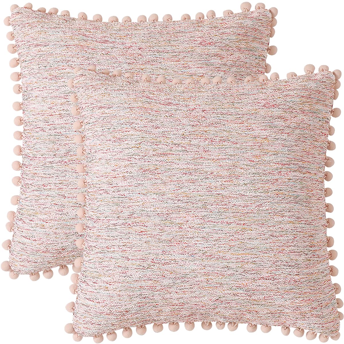 Tennove Cushion Covers 45x45cm Decorative Boucle Pillow Covers with Fluffy Pompoms Soft Boho Throw Pillowcase Set of 2 for Sofa Bed Home Decor, Pink