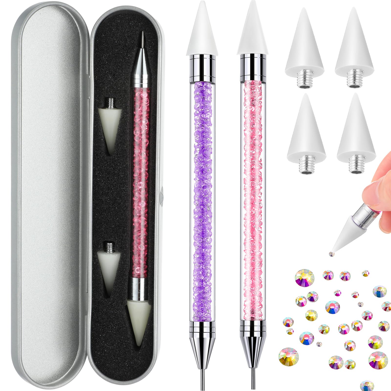 Photo 1 of 2 Pieces Rhinestone Picker Dotting Pen, Dual-ended Rhinestone Gems Crystals Studs Picker Wax Pencil Pen Crystal Beads Handle Manicure Nail Art DIY Decoration Tool (Pink Purple)