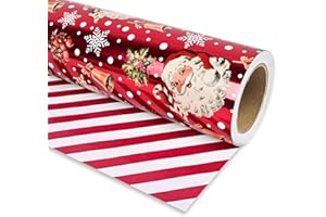 Dlyrroba Reversible Foil Christmas Wrapping Paper Roll - Burgundy Metallic Foil Gift Wrap Santa Claus Candy Cane Bells and St