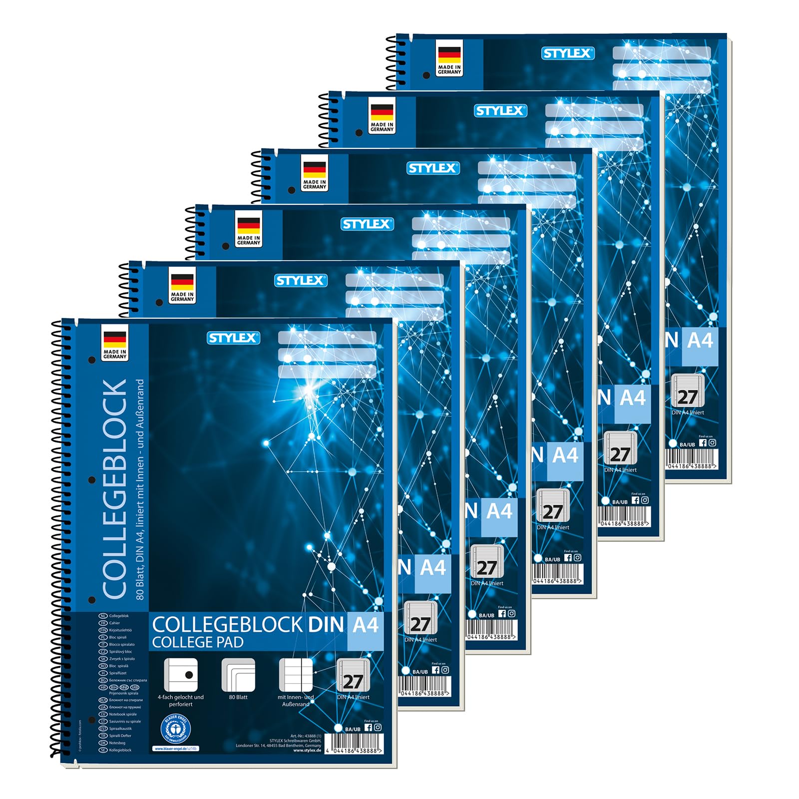 Stylex 43888-P6 Spiral Bound Notepad Lined DIN A4 80 Sheets with 60 g/m² Grammage, Pack of 6