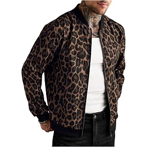 SOLY HUX Men's Leopard Bomber Jacket Zip Up Cheetah Print Long Sleeve Jackets Casual Fall Outerwear Streetwear