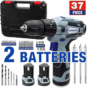 WORKPRO 12V Cordless Drill Driver Kit, 2-Speed, 2 Li-Ion Batteries 2000 mAh, Fast Charger, 3/8'' Clutch, 18+3 Torque Setting, 34 pcs Drill/Driver Bits Included