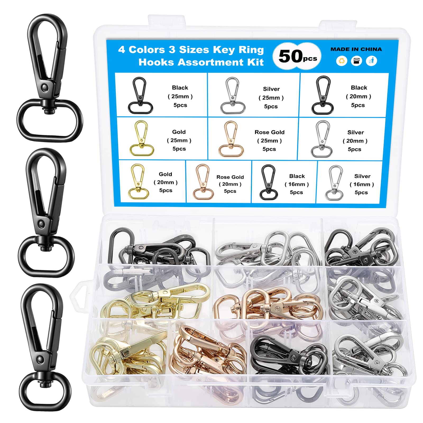 Knpwer 50 Pcs Metal Keyring,4 Colors Keychains Lobster Clasps,Detachable Swivel Clasps,Key Split Ring Clips Keychain Hooks,3 Sizes 16mm 20mm 25mm