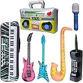 Inflatable Rock Star Toy Set, 7 Pack Inflatable Boom Box Mobile Phone Guitar Bass Party Props for 80's 90's Party Decorations, Rock and Roll Party Favors Supplies, Christmas Birthday Party Gifts.