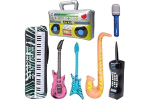 WEDFEIR Inflatable Rock Star Toy Set, 7 Pack Inflatable Boom Box Mobile Phone Guitar Bass Party Props for 80's 90's Party Decorations, Rock and Roll Party Favors Supplies, Christmas Birthday Party Gifts.