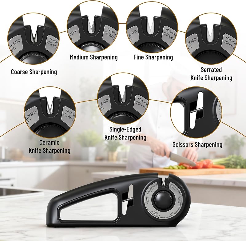 Messerschärfer 7-in-1 Messerschleifer, Messerschärfer Profi, Messer und Scherenschleifer, Knife Sharpener Messer Schärfen, Messer Schleifen, Scheren Schärfer, Keramik Messerschärfer (Schwarz)