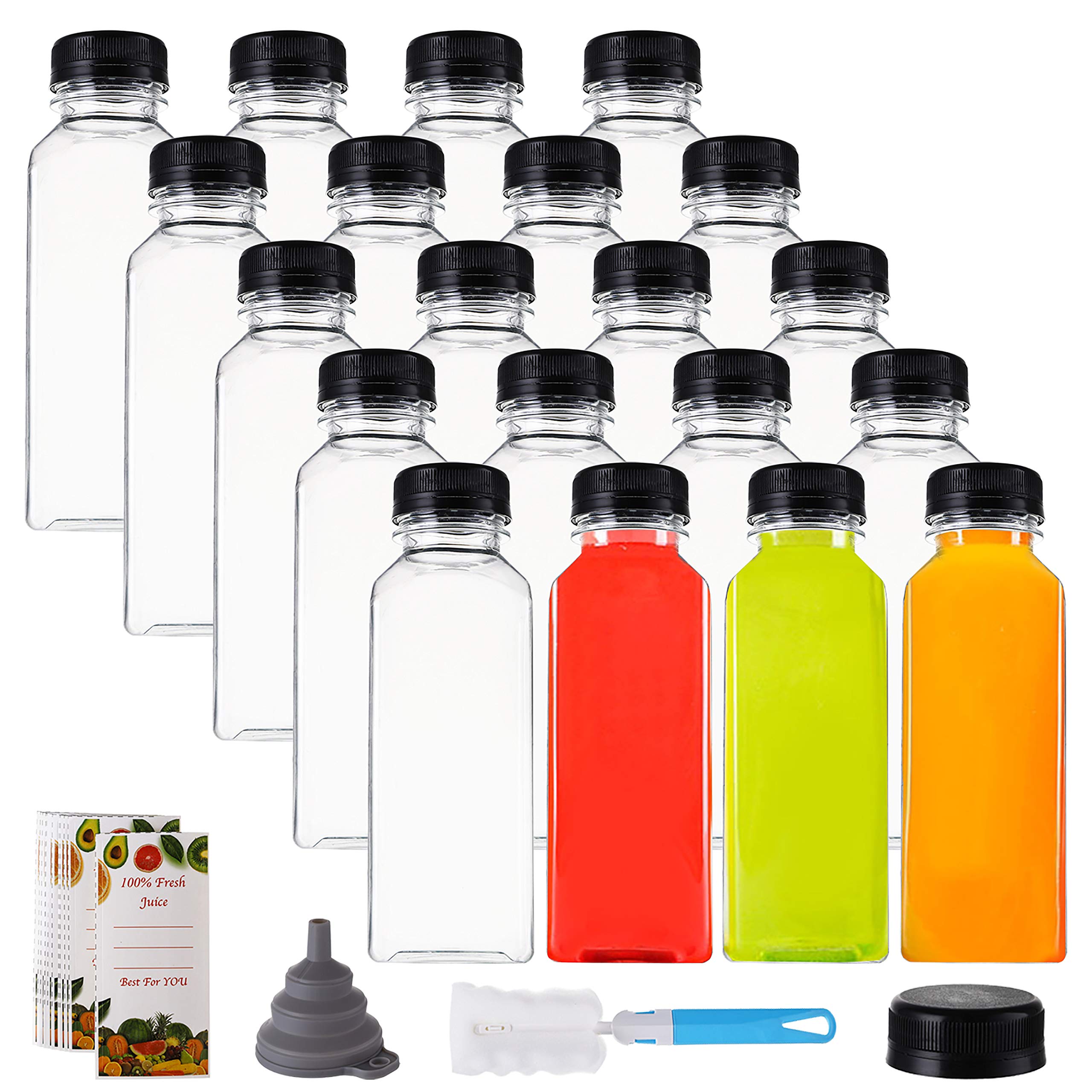 Cedilis 20 Pack 350ml Plastic Juice Bottles with Black Cap, Clear Reusable Containers with Lids, Great Disposable Bottles for Making Juice, Milk, Salad Dressing, Smoothie and Other Beverages