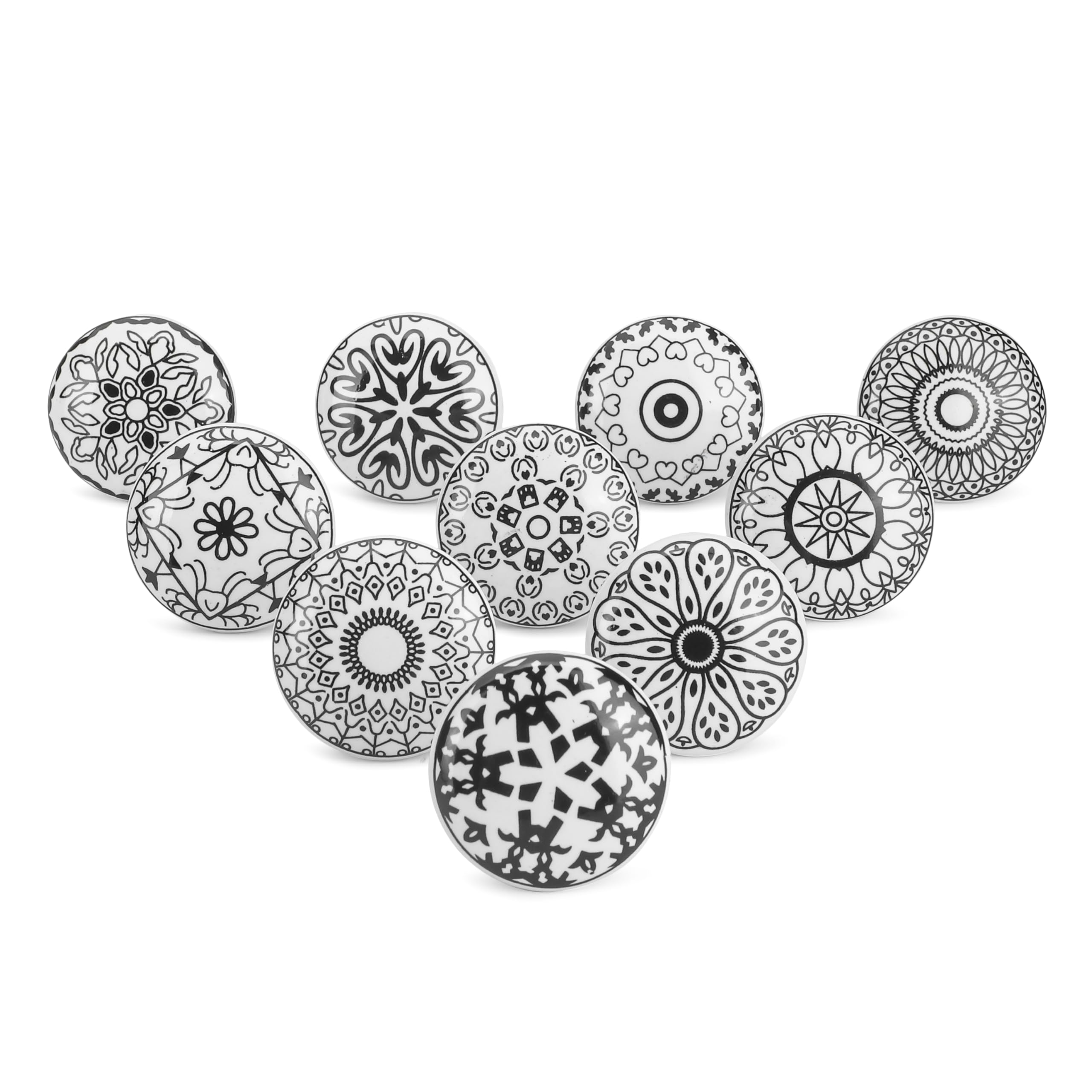 Ajuny Set of 10 Ceramic Knobs Black White Printed Cupboard Door Drawer and Furniture Pulls for Kitchen Cabinets Bathroom Dresser Drawers Pottery Decorative Knobs
